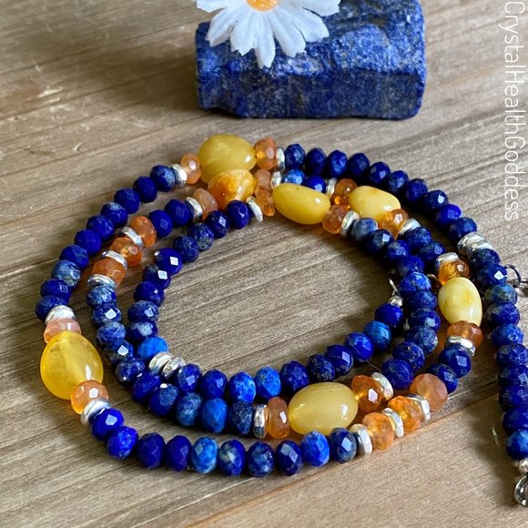 Lapis Lazuli Carnelian Baltic Amber Gemstone Necklace - Picture 4 of 6